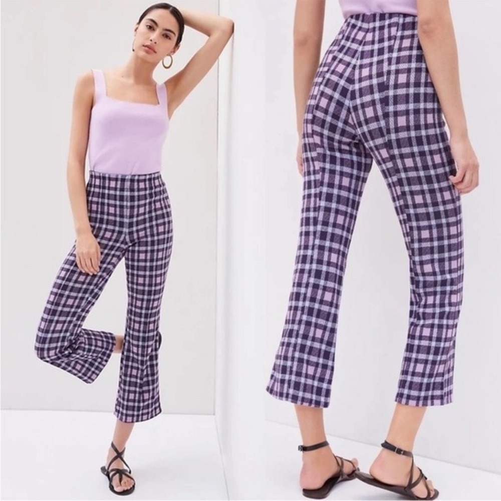 NWT Maeve by Anthropologie Plaid Flare Cropped Pants Women's Large Purple Pink‎